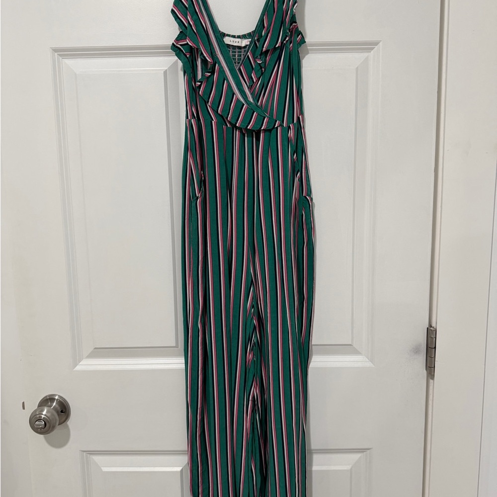 Lush Green & Pink Striped Wrap Jumpsuit